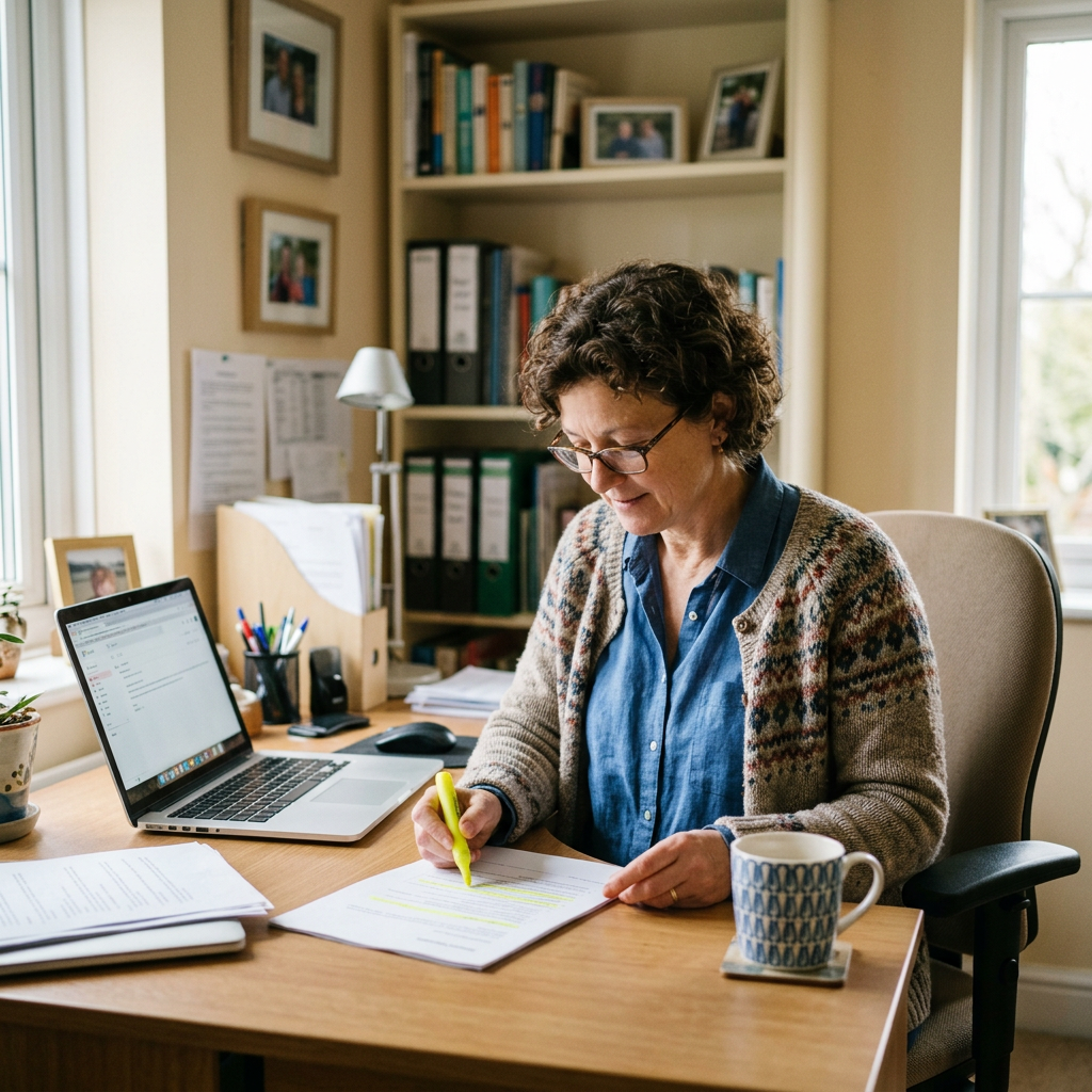 A woman in glasses and a patterned cardigan at a home office desk, highlighting a printed document beside an open laptop and a coffee mug