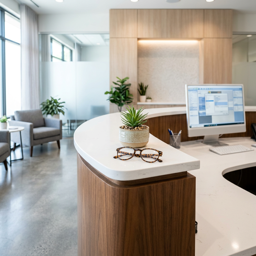 A bright reception desk with a small potted succulent and a pair of tortoiseshell glasses, with a computer monitor and a waiting area behind