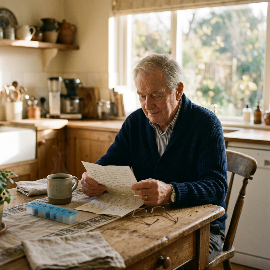 An older man in a navy cardigan at a kitchen table reading a handwritten letter, with a mug of coffee, reading glasses, and a pill organizer nearby