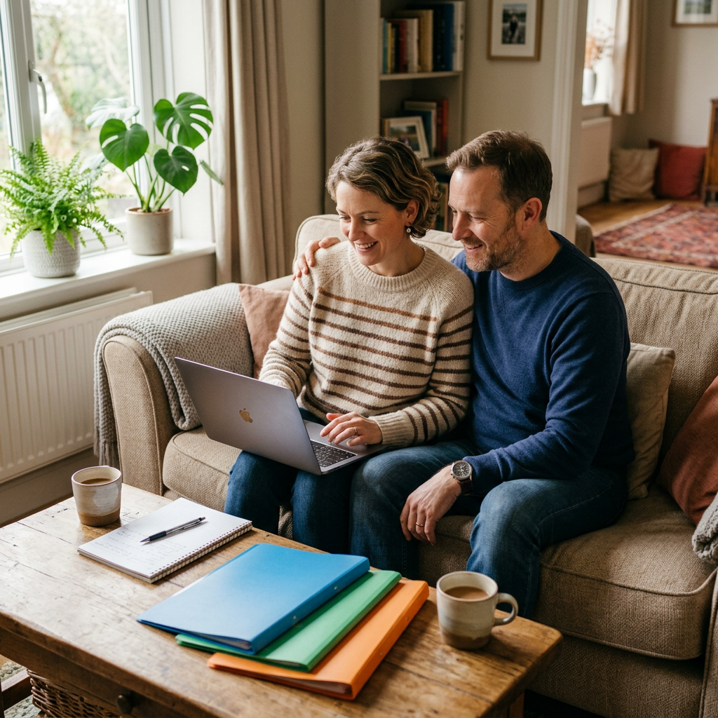 A smiling couple on a living room sofa looking at a laptop together, with a notepad, pen, coffee cups, and colored folders on the wooden coffee table